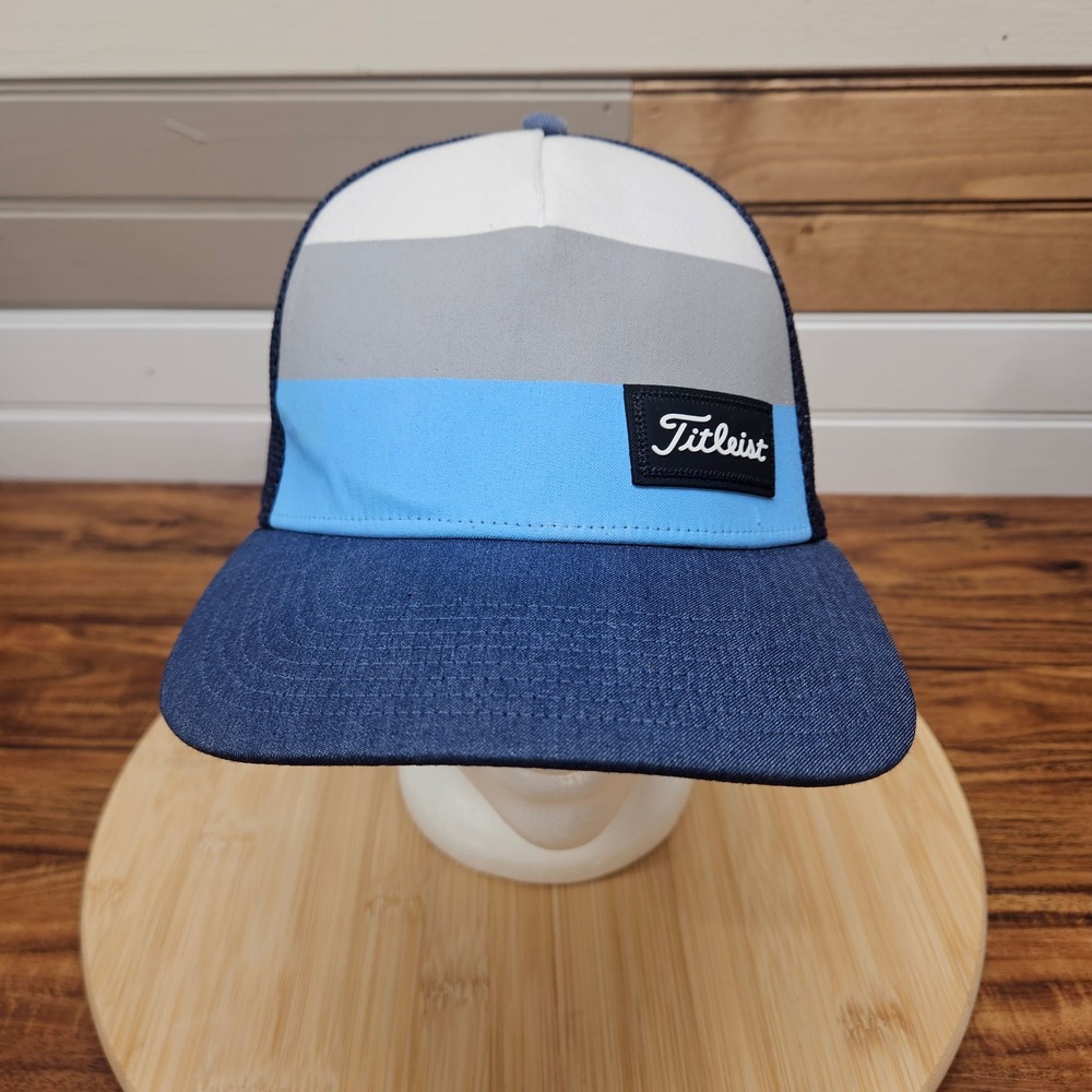 Titleist Golf Hat Mens Blue White Grey Striped Mesh Snapback Trucker Cap